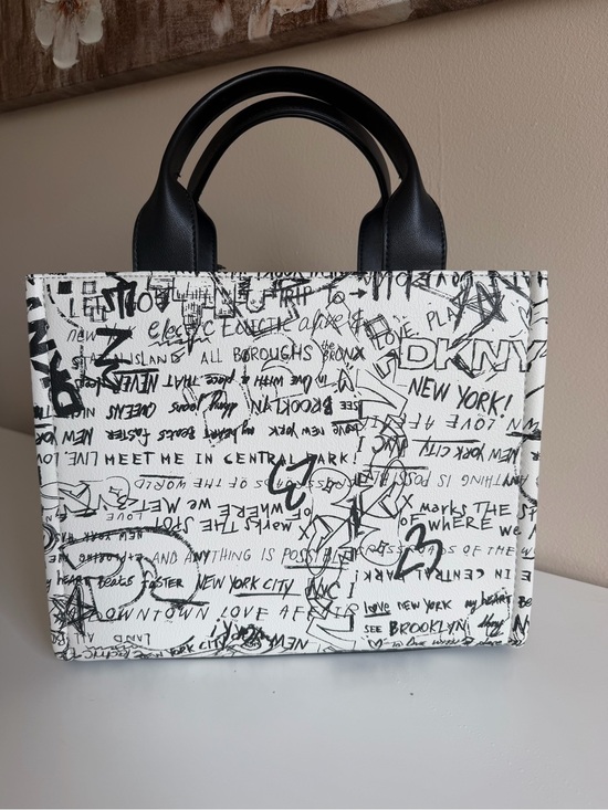 Dkny Handbags - DKNY Black & White Graffiti Canvas Tote with Black Handles NWT